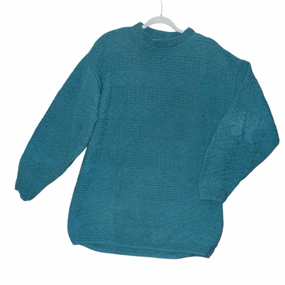 Vintage norm Thompson teal green blue 100% cotton knit sweater small USA made